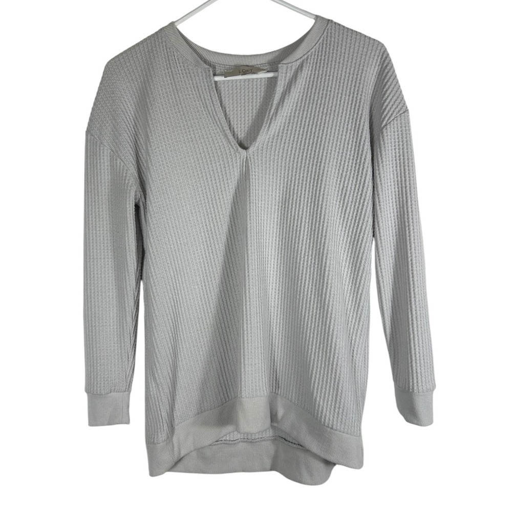LOFT Womens Grey Waffle Knit Split V-Neck Long Sleeve Tunic Top Size M